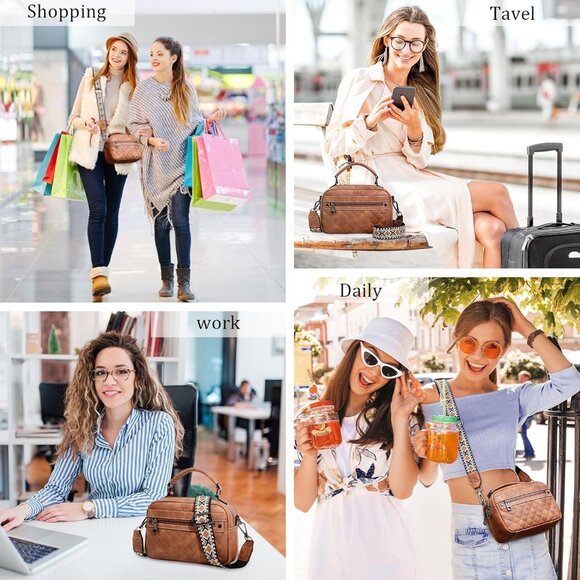 Women Vegan Leather Crossbody Bag Small Shoulder Purse with Wide Strap Two-tone - Picture 7 of 7